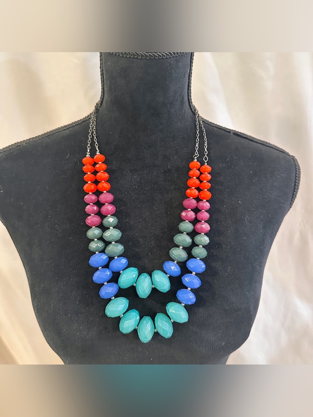 Bold Colorful Faceted Plastic Bead Statement Necklace Double Strand